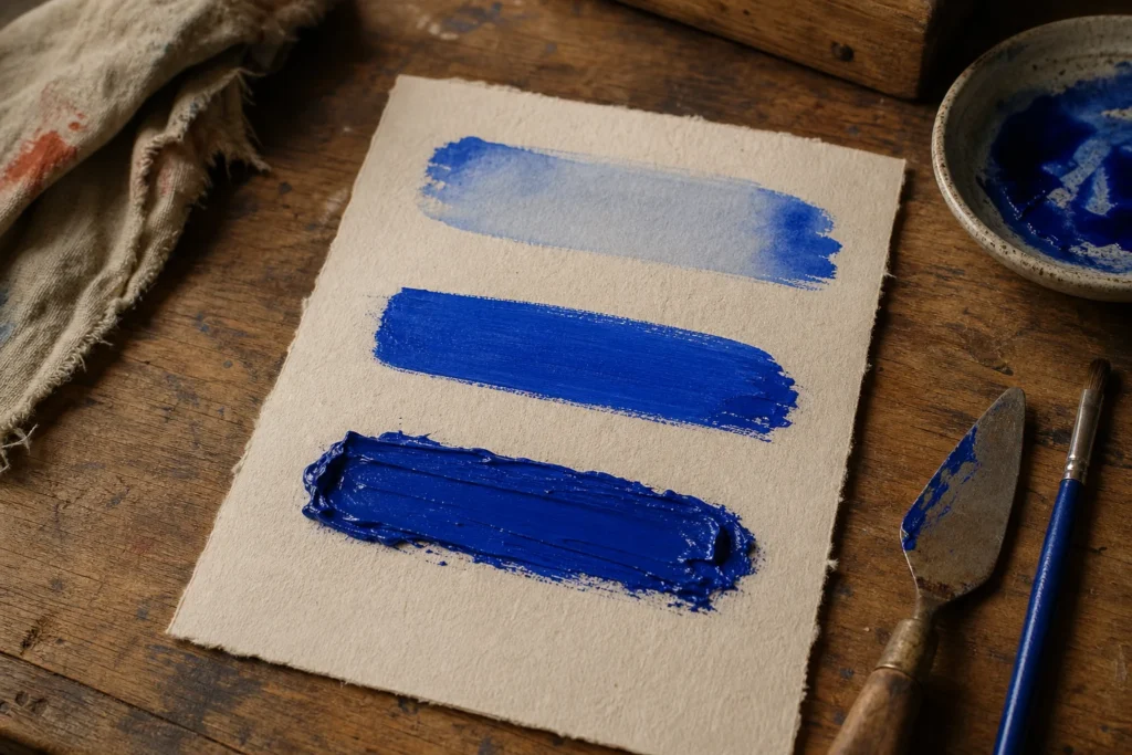 Drie lagen blauwe acrylverf van dunne wassing tot dikke impastostreek op atelierpapier