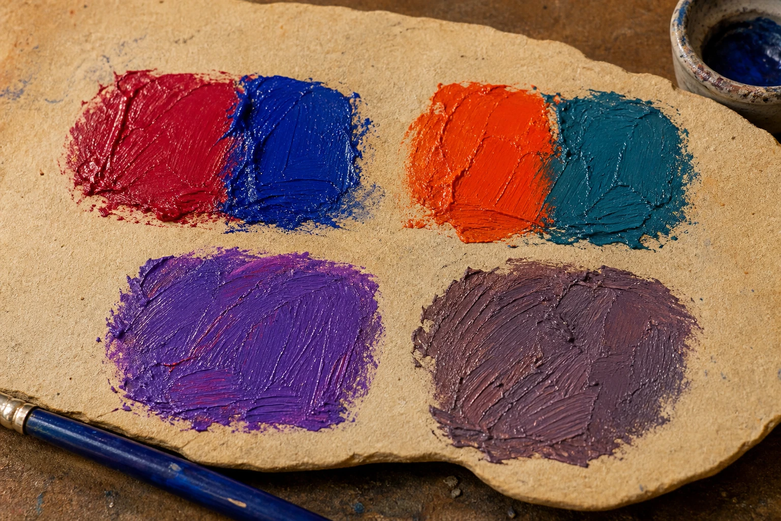 Acrylverfproeven van lila, lavendel, aubergine en pastelpaars naast titaanwit en ultramarijn
