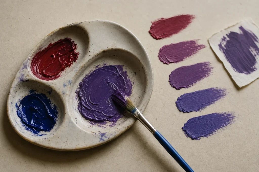 Rode en blauwe acrylverfstreken die op een atelierpalet samenkomen in rijk violet