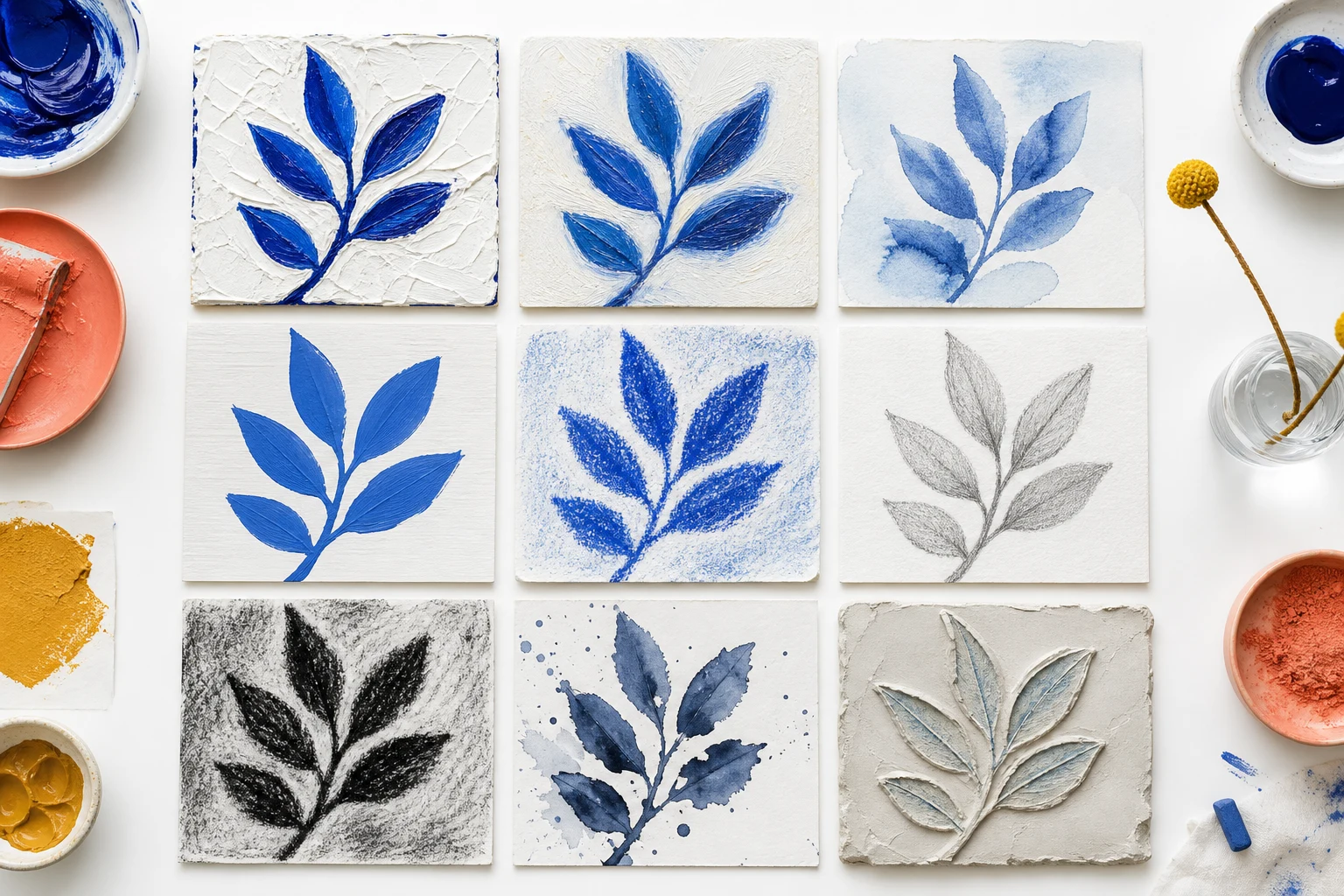 Negen kunstmediumproeven met acryl olie aquarel gouache pastel grafiet houtskool inkt en klei