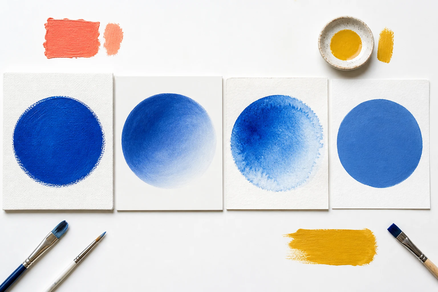 Vergelijkende natte en droge verfproeven van acryl olieverf aquarel en gouache op passende ondergronden