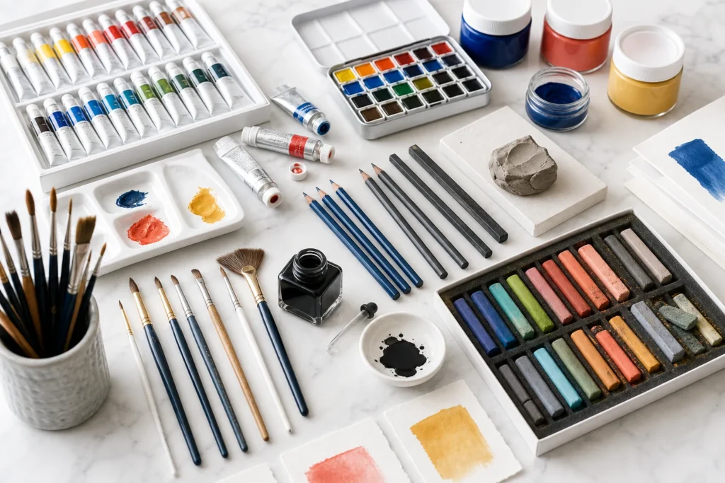 Helder kunstmateriaalarchief met verf potloden houtskool pastel inkt penselen en klei