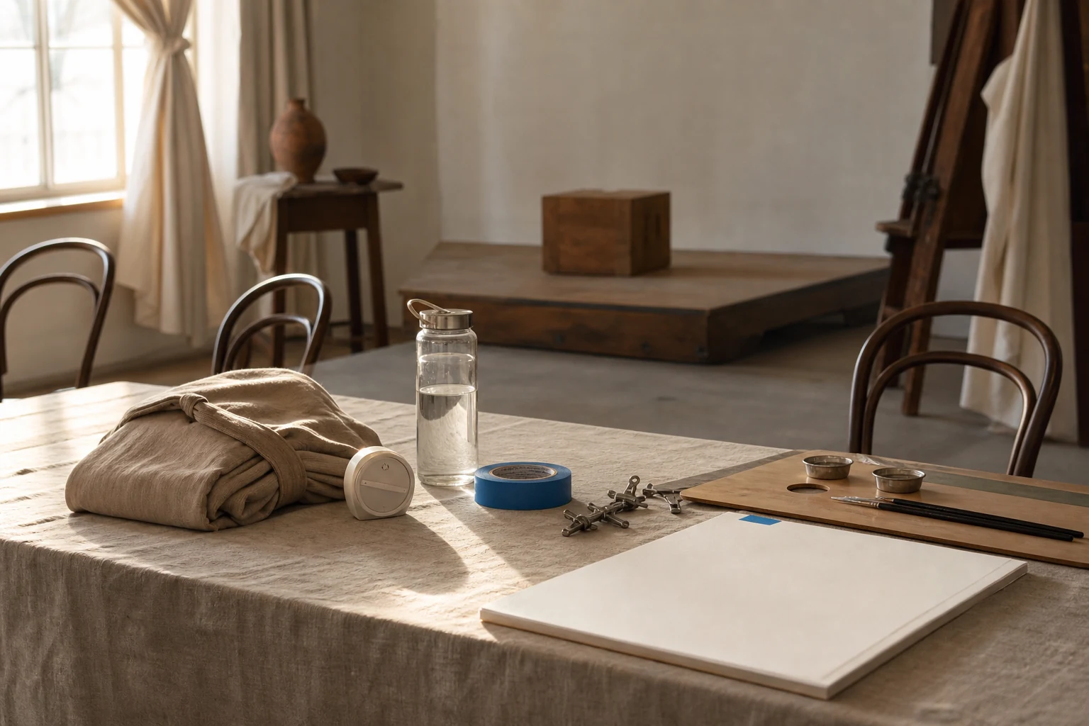 Leeg figuuratelier met tafel materialen water en afspraken voor een respectvolle sessie
