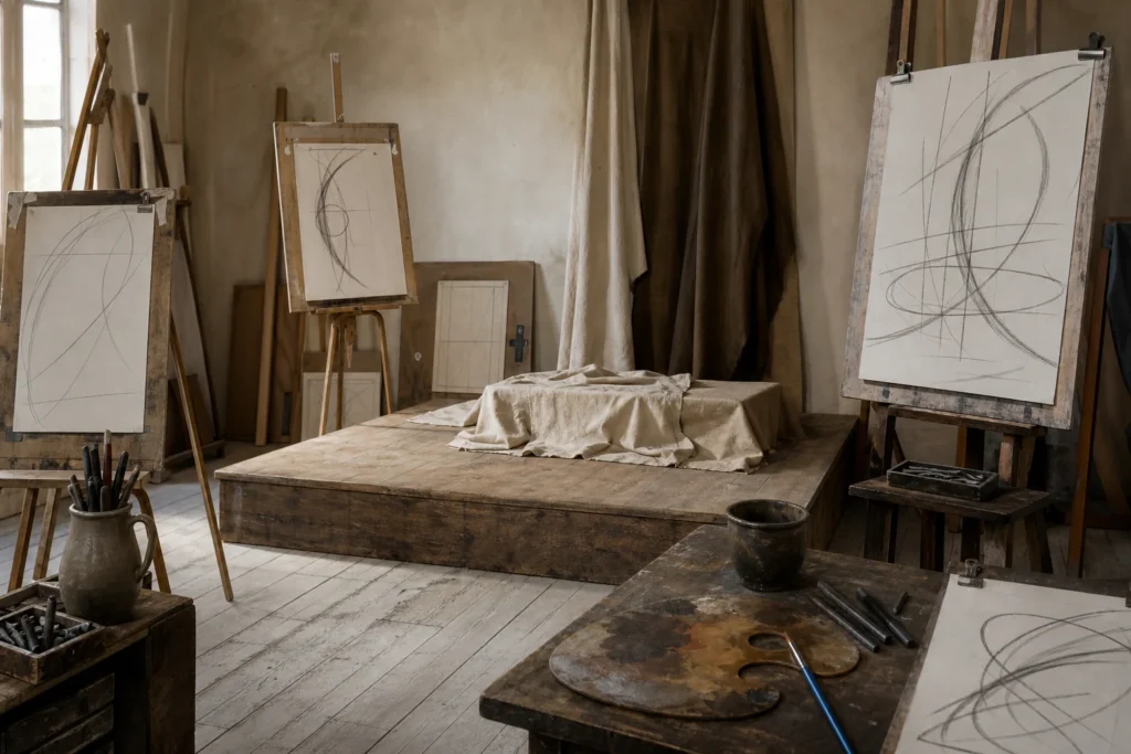 Leeg croquisatelier met ezels en abstracte gebaarstudies