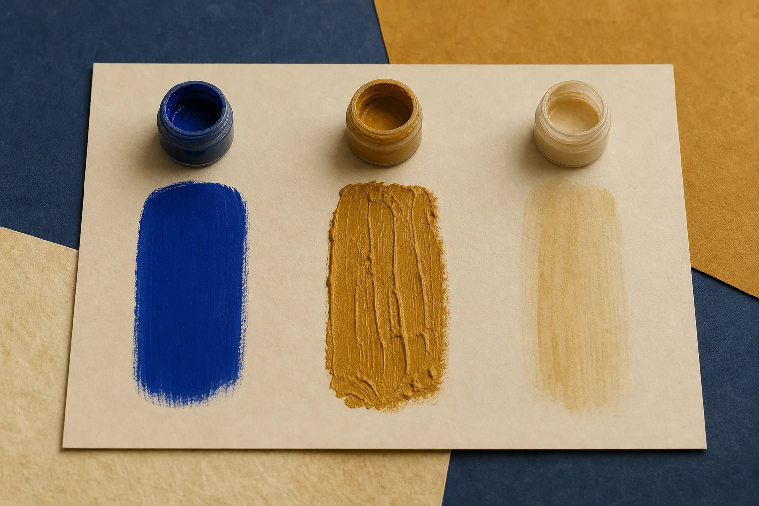Drie acrylverfproeven met egale te dikke en te dunne consistentie