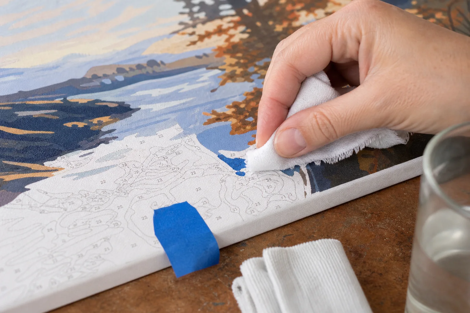 Natte verfvlek die voorzichtig met een doek van het canvas wordt gedept