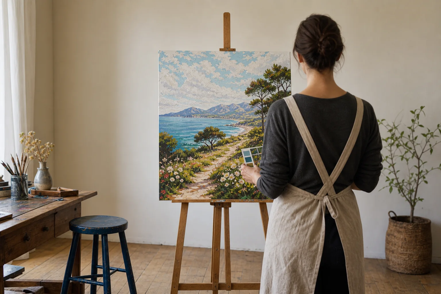 Schilder die een gecorrigeerd canvas vanaf enkele meters afstand bekijkt