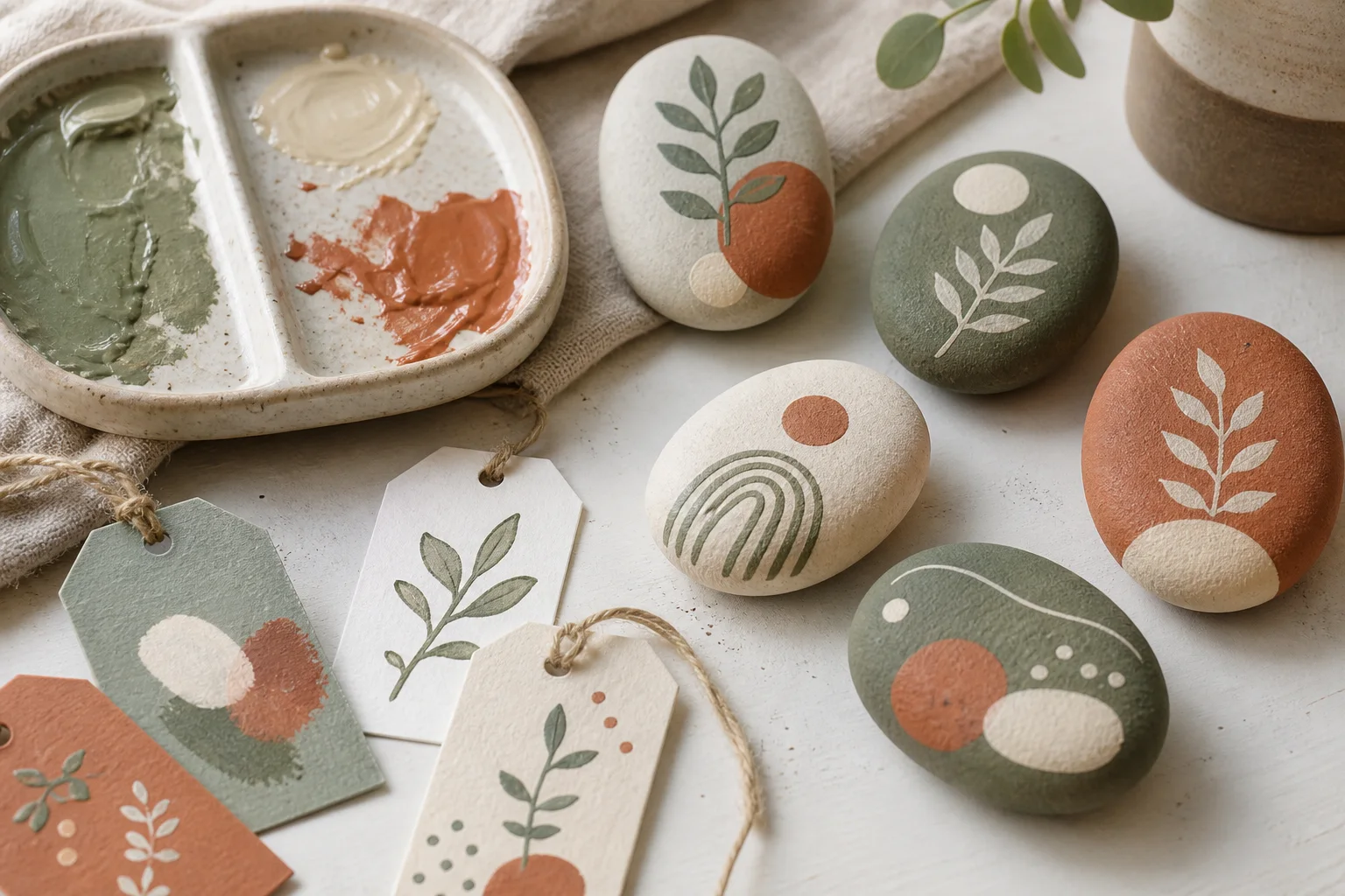 Restjes acrylverf gebruikt op stenen en papieren cadeaulabels
