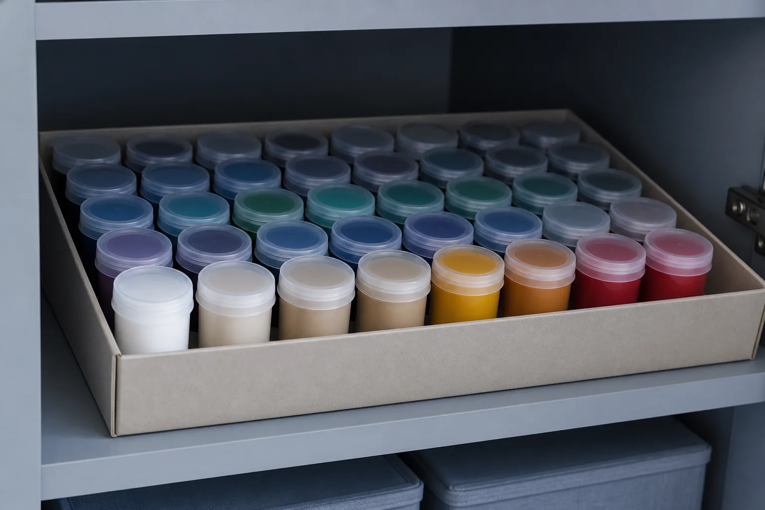Gesloten acrylverfpotjes rechtop in een ondiepe bewaardoos