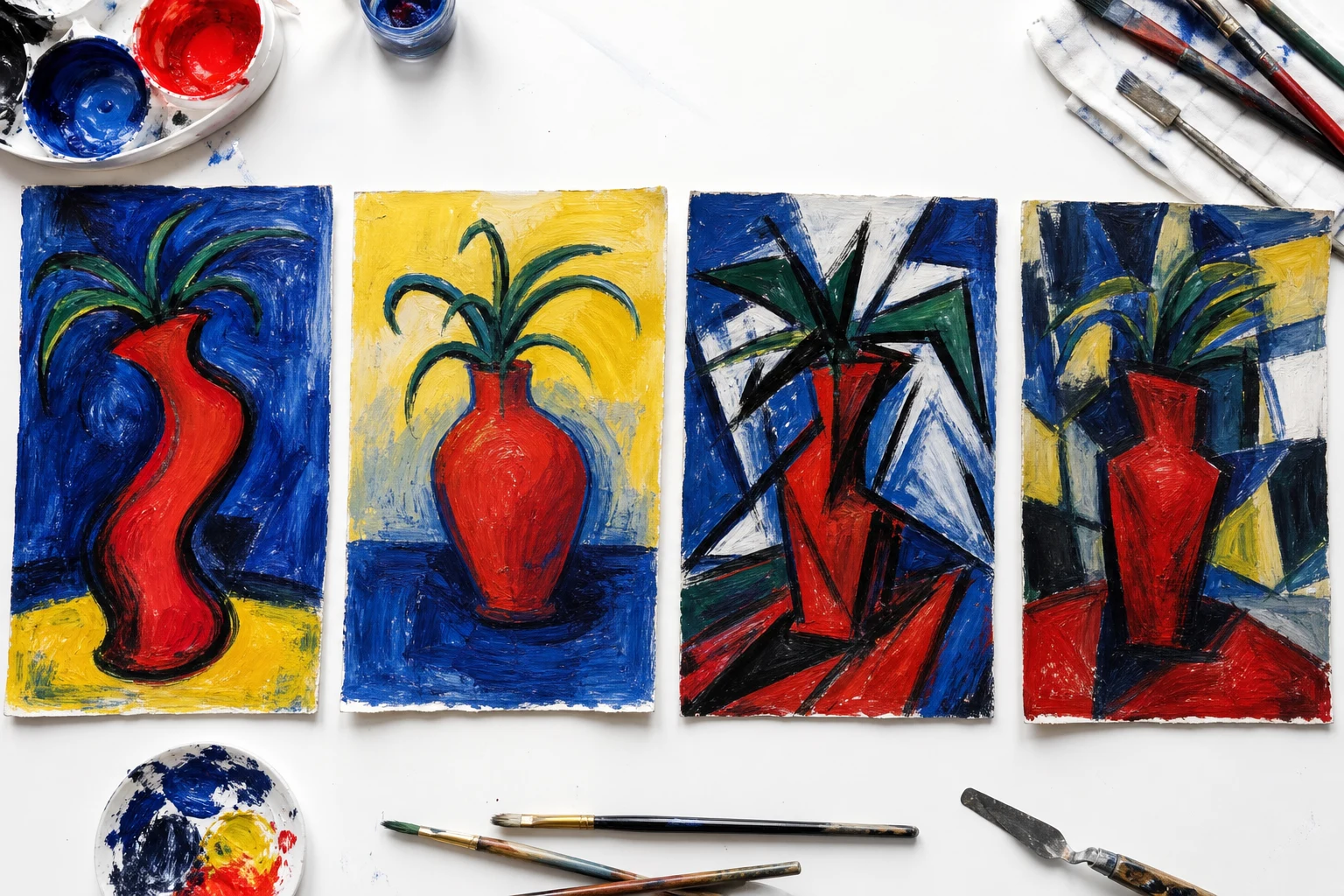 Vier schilderproeven waarin kleur lijn vorm en ruimte steeds sterker expressionistisch worden