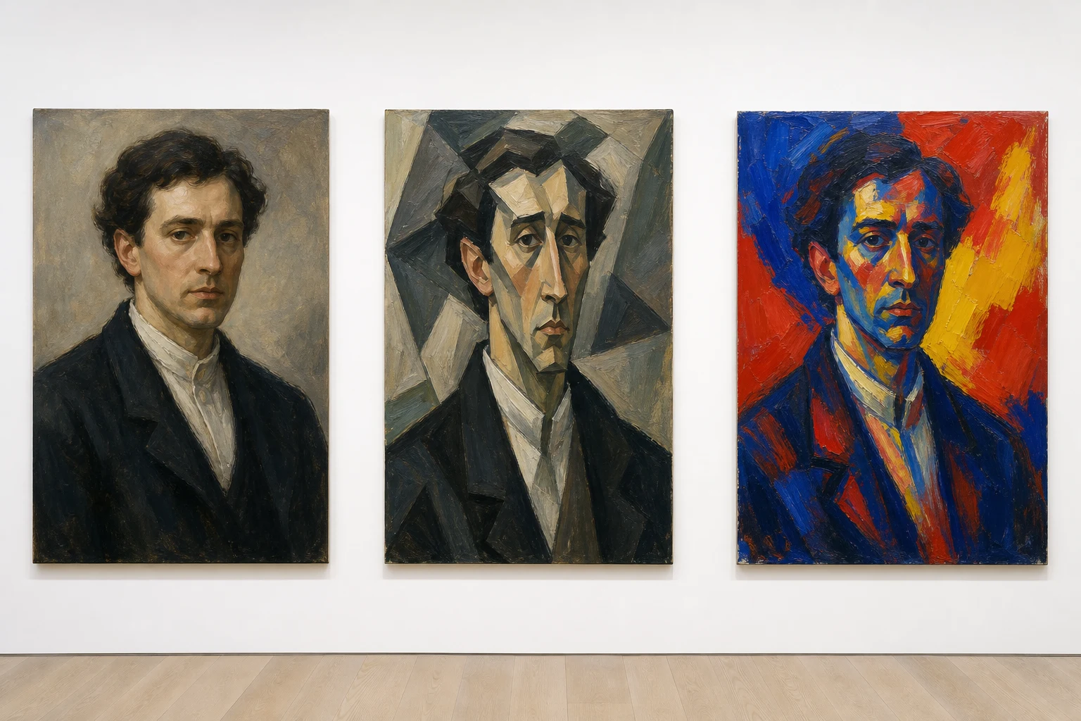Atelierstudie van een portret dat in drie stappen bewust wordt vervormd voor meer emotionele spanning