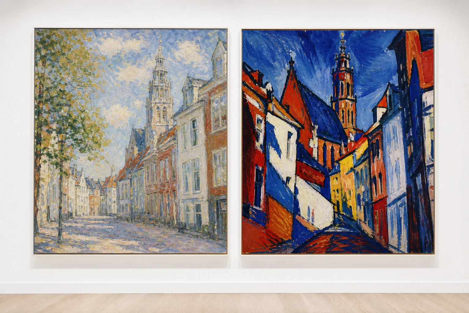 Twee schilderstudies van hetzelfde straatbeeld een impressionistische lichtstudie en een expressionistische emotievariant