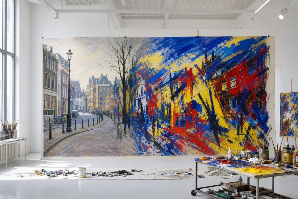 Stadsgezicht dat van realistische waarneming overgaat in expressieve vervorming en geladen kleur