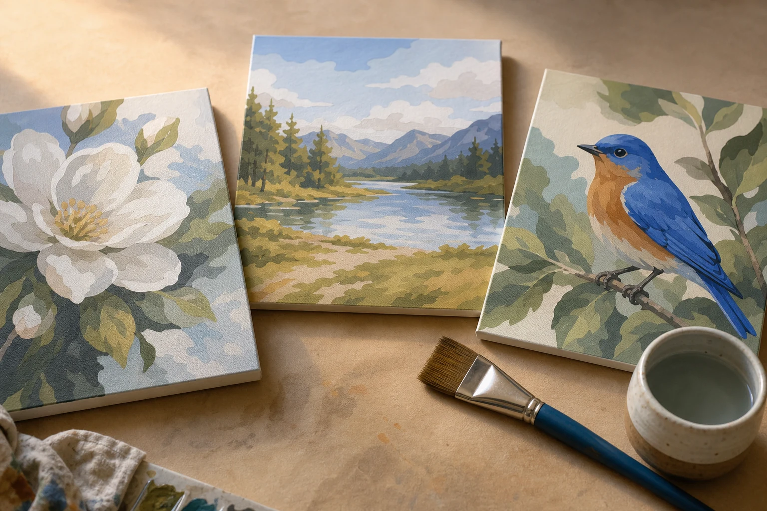 Drie rustige schildermotieven met bloemen landschap en vogel