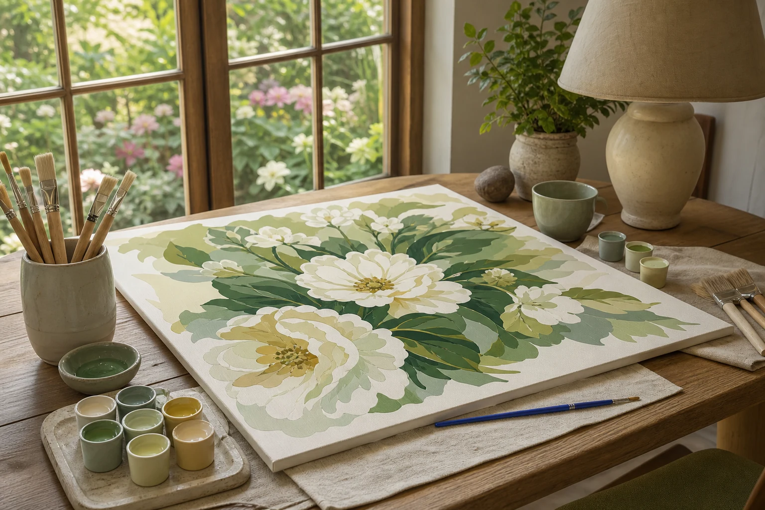 Groot rustig bloemenschilderij op een lichte werktafel