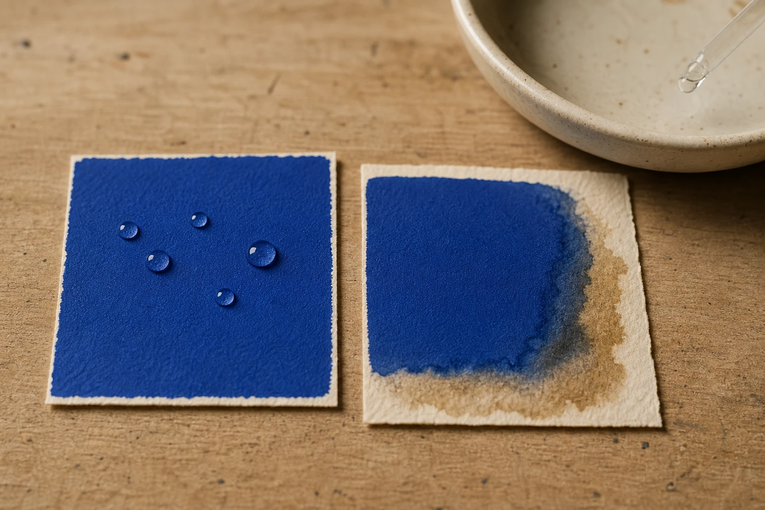 Druppels op een volledig gedroogde blauwe acrylverflaag naast een nog natte verfstreek op canvas