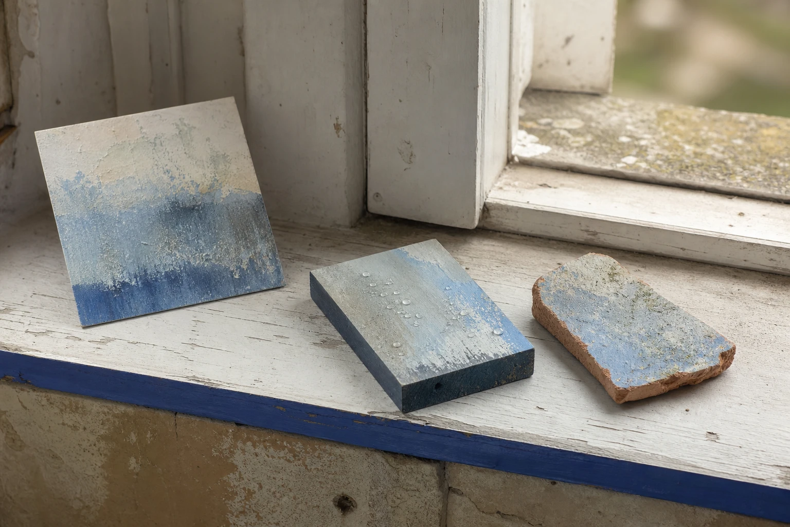 Vier acrylverfproeven op canvas, hout, textiel en keramiek met verschillende vochtreacties