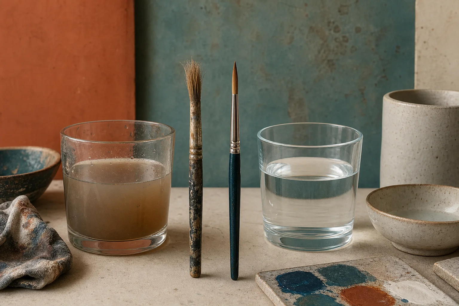 Versleten en gave penseelpunt naast vuil en schoon spoelwater