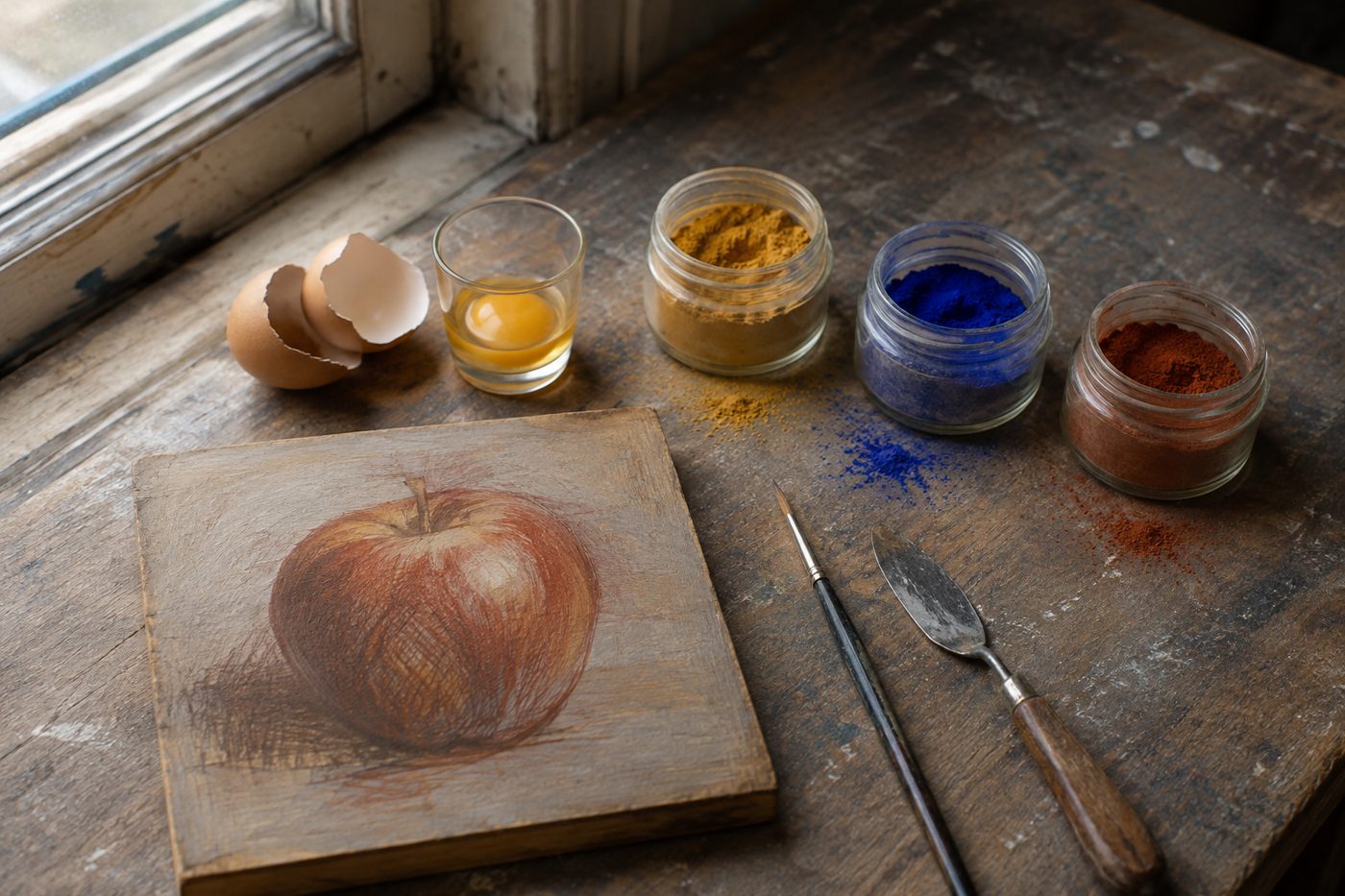 Werkplek voor eitempera: gebroken ei met eigeel in een glaasje, potjes oker, ultramarijn en sienna pigment en een houten paneel met een geschilderde appel