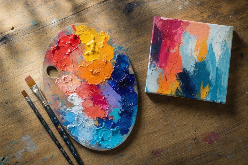Palet met natte acrylverf en penselen naast een deels gedroogd doek