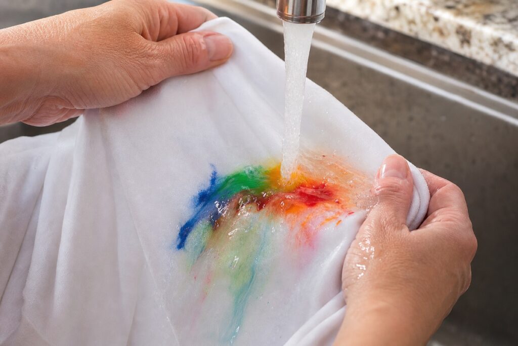 Handen spoelen een kleurrijke verfvlek uit een wit T-shirt onder stromend water