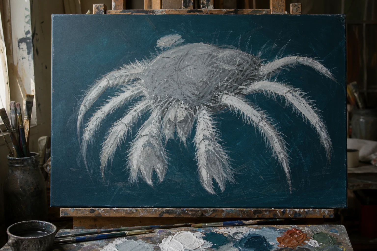 Schilderstudie van een yetikrab met grijze ondertoon en losse witte haarstreken