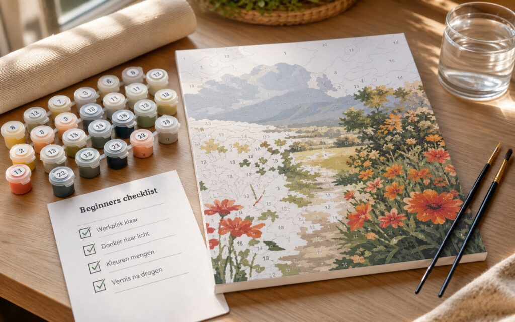 Paint by numbers beginnerspakket met verf, penselen en checklist