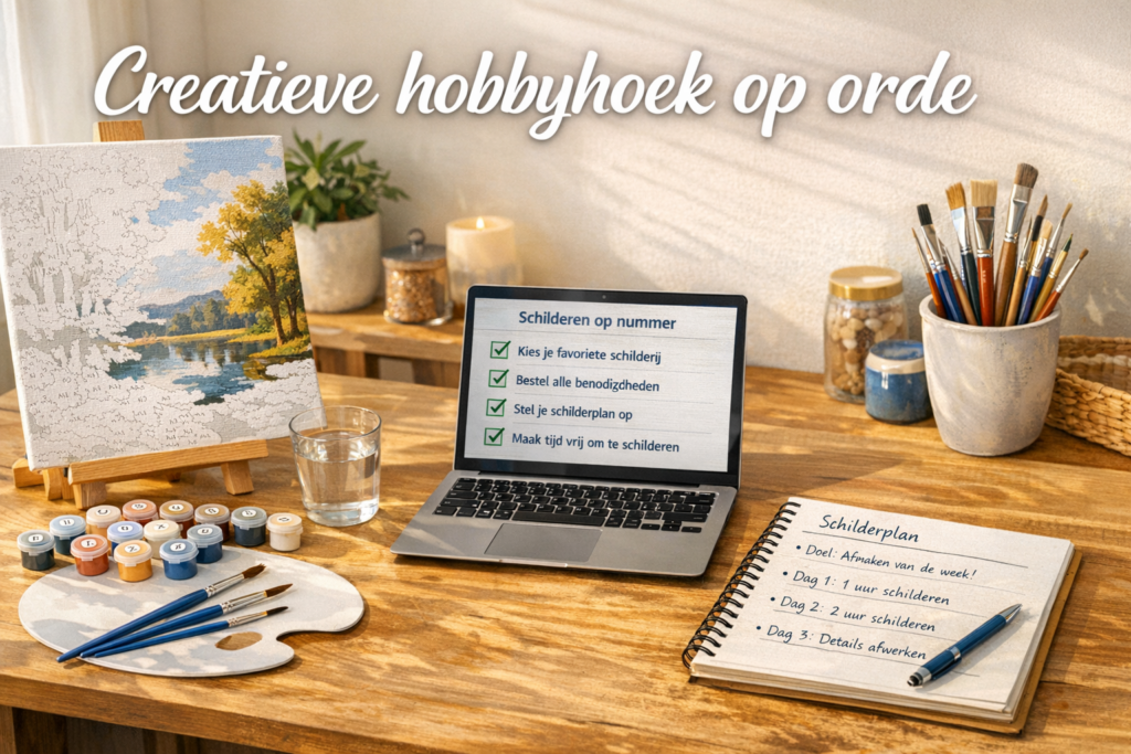 Creatieve hobbyhoek voor schilderen op nummer met laptop