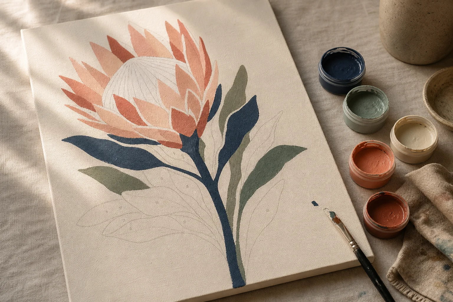 Botanisch schilderen-op-nummerdoek met brede kleurvlakken en een overzichtelijke selectie matte verf