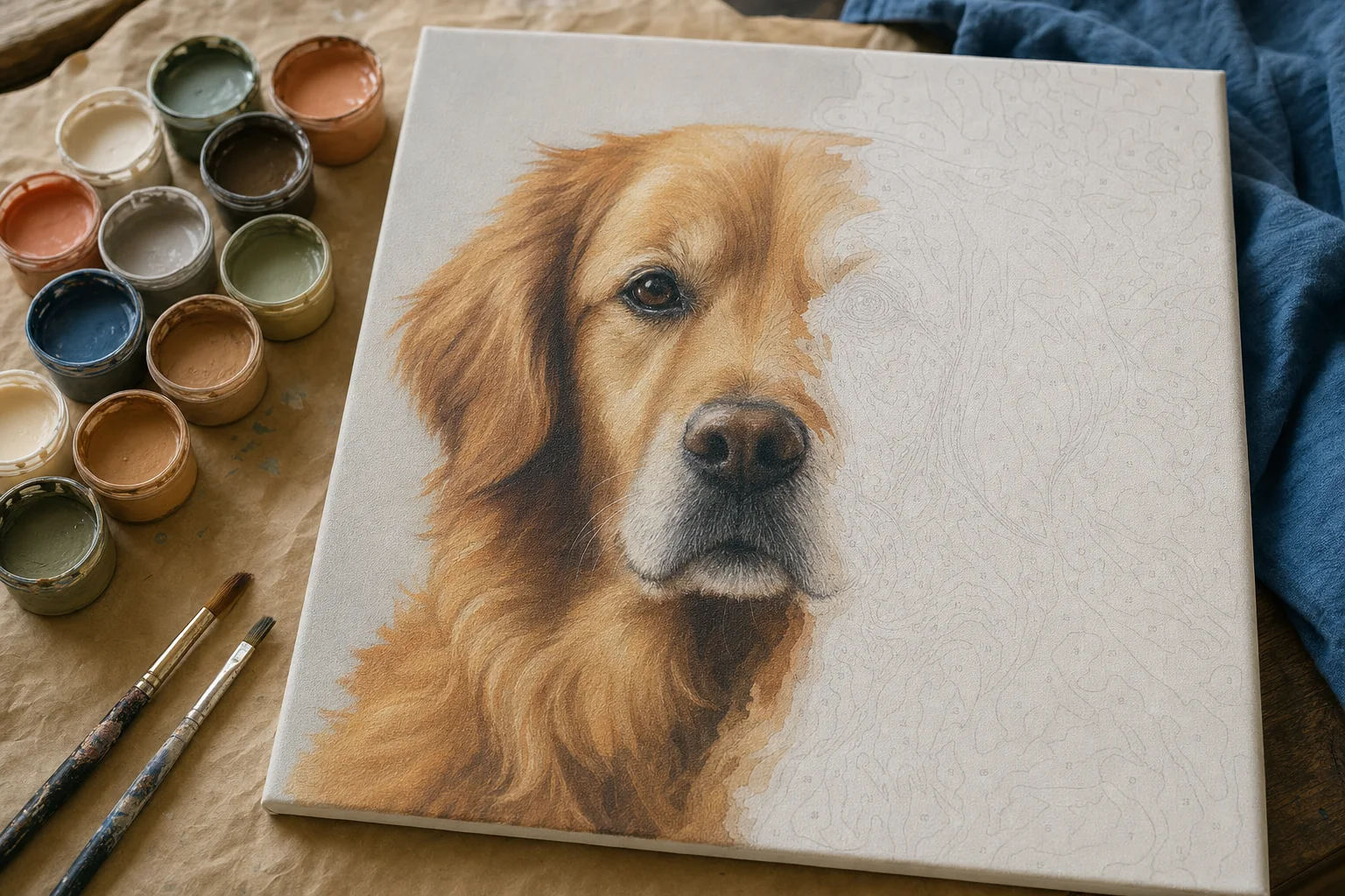 Huisdierportret op nummer met geschilderde middentonen en nog in te vullen verfvelden