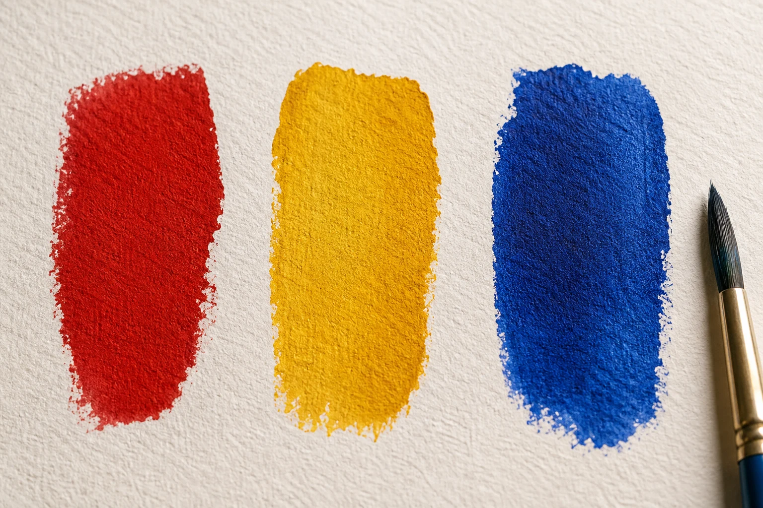 Drie matte pigmentstalen in rood geel en blauw op warm atelierpapier