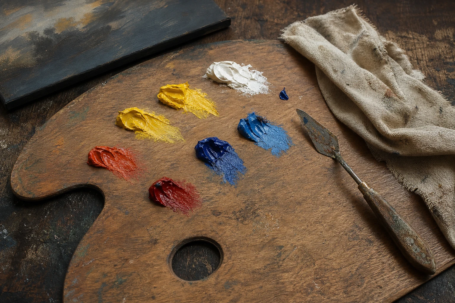 Beginnerspalet met warme en koele rode gele en blauwe acrylverf plus wit