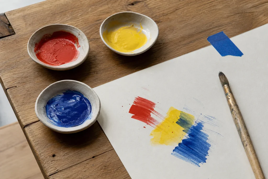 Atelier met drie keramische pigmentkommen in rood geel en blauw en mengproeven op papier