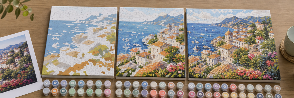 Drie schilderen-op-nummer doeken met verschillende detailniveaus en verfpotjes op tafel