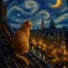 Schilderen op nummer Kat op het dak bij sterrennacht
