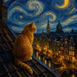 Schilderen op nummer Kat op het dak bij sterrennacht
