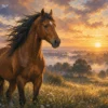 Schilderen op nummer paard in ochtendlicht