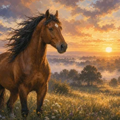 Schilderen op nummer paard in ochtendlicht