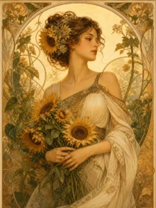 Zonnebloemportret in art nouveau stijl, schilderen op nummer