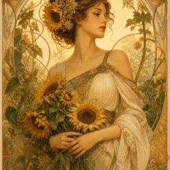 Schilderen op nummer Zonnebloemportret in art nouveau stijl