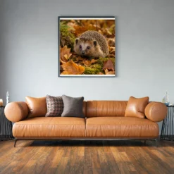 Egel tussen herfstbladeren met grote vlakken als sfeerimpressie aan de muur