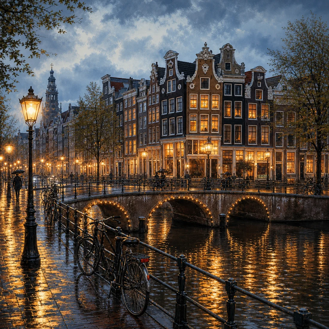 Hoofdafbeelding: Schilderen op nummer Amsterdamse gevels in regenachtig avondlicht