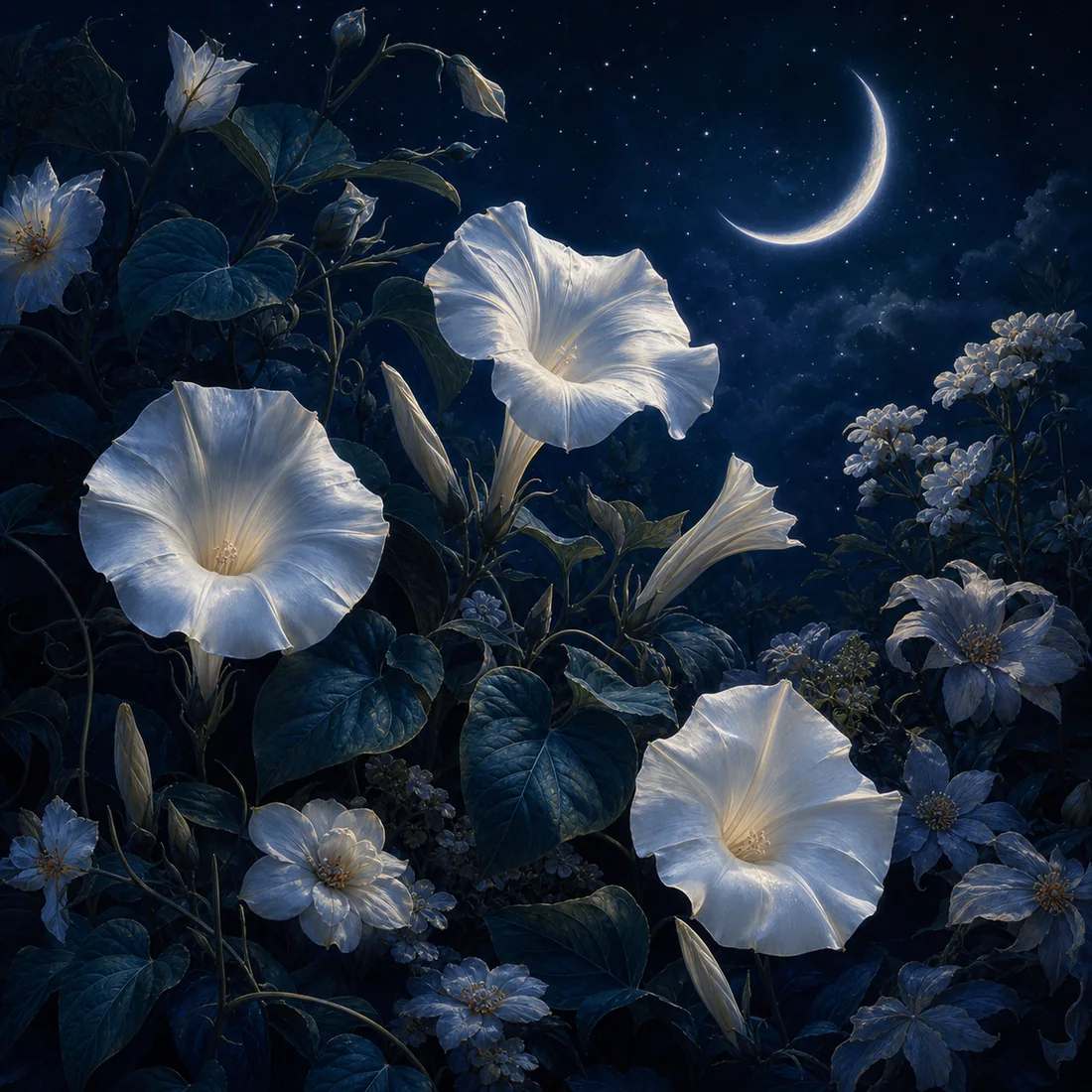 Hoofdafbeelding: Schilderen op nummer celestial maanbloemen in nachtblauw