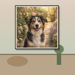 Sfeerbeeld aan de muur: Schilderen op nummer hond met bloemenkrans in zachte tuin