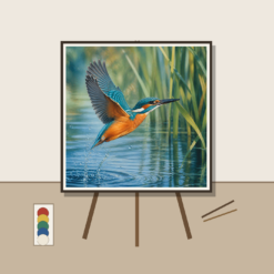 Sfeerbeeld op ezel: Schilderen op nummer ijsvogel boven patina-blauw water
