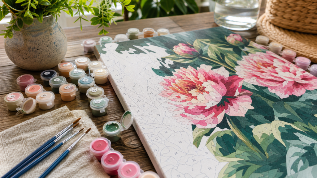 Schilderen met nummers met genummerd canvas, verfpotjes en penselen