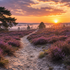 Paarse heide bij zonsopkomst als panoramisch 3 luik