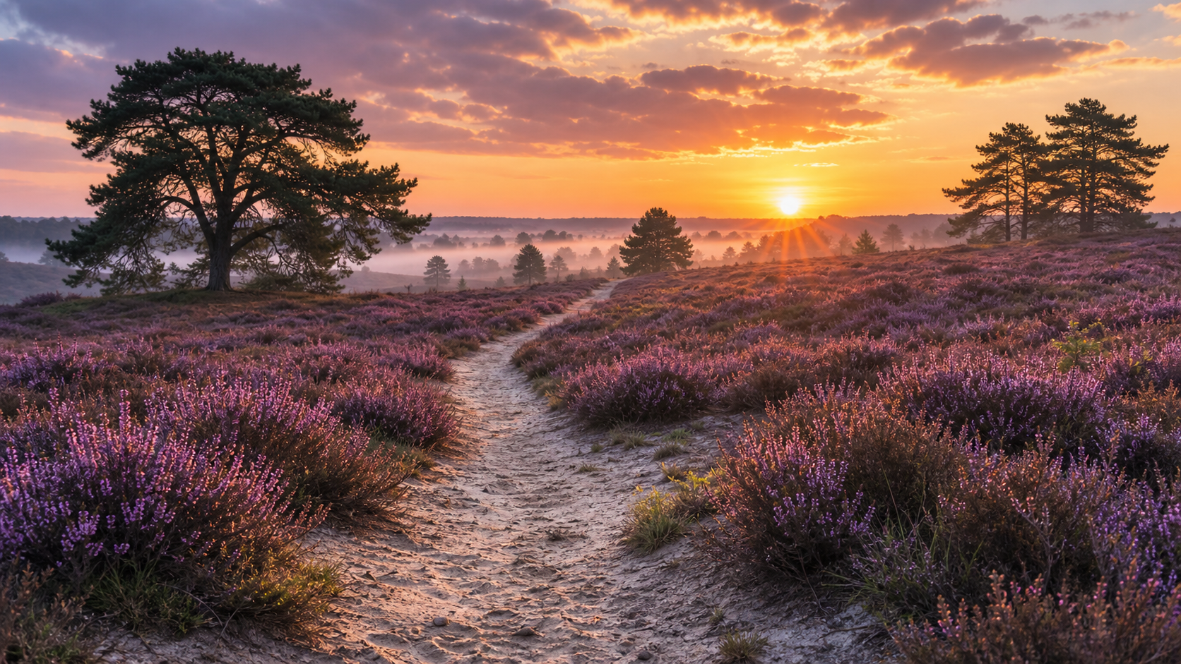 Paarse heide bij zonsopkomst als panoramisch 3 luik
