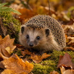 Egel tussen herfstbladeren met rustige grote kleurvlakken