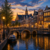 Haarlemse grachten en oude gevels in avondlicht